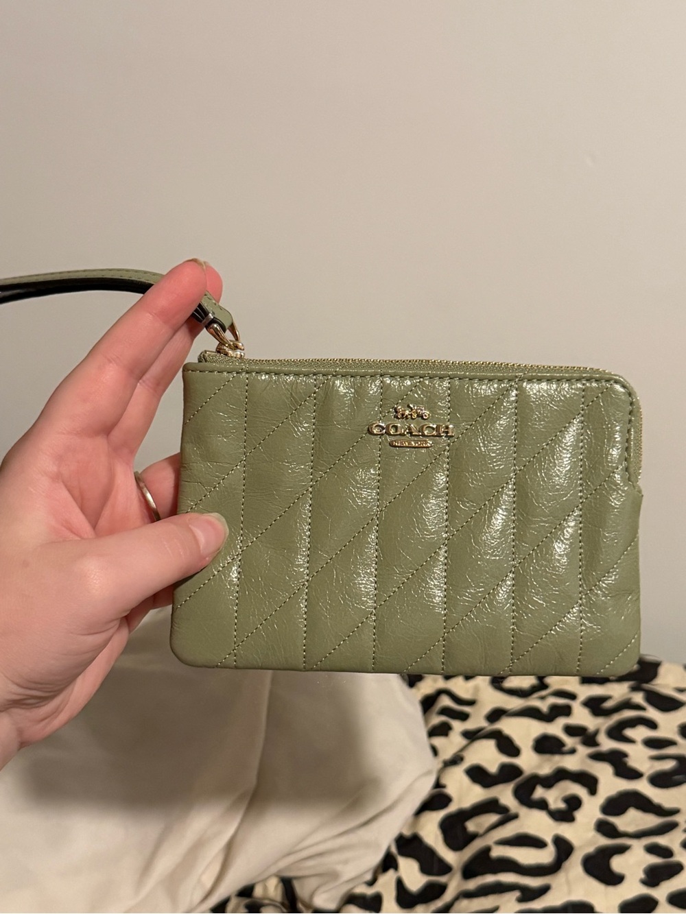 Coach Quilted Wristlet in Sage Green with Gold Hardware